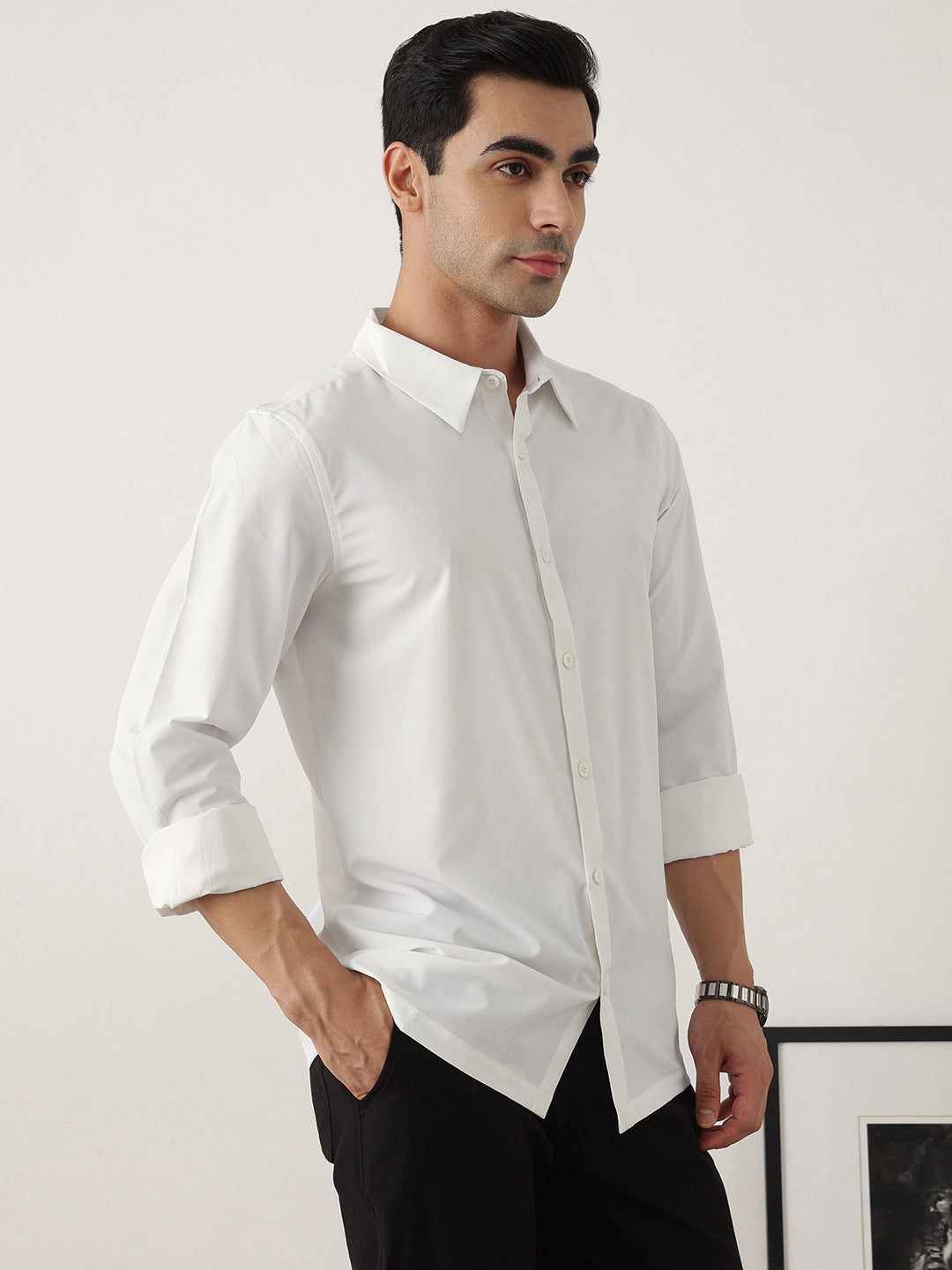 Thomas Scott Men Premium White Slim Fit Long Sleeves Spread Collar Solid Casual Shirt