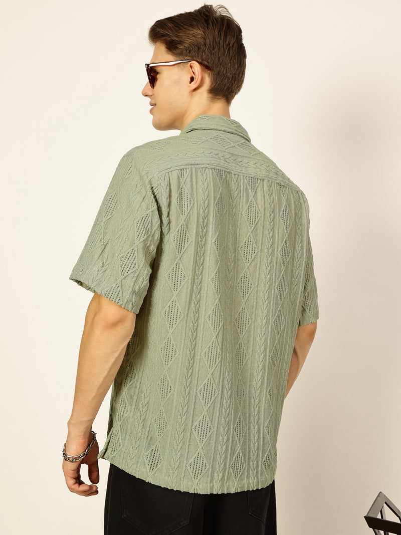 Thomas Scott Men Green Premium Oversized Short Sleeves Spread Collar Textured Casual Shirts