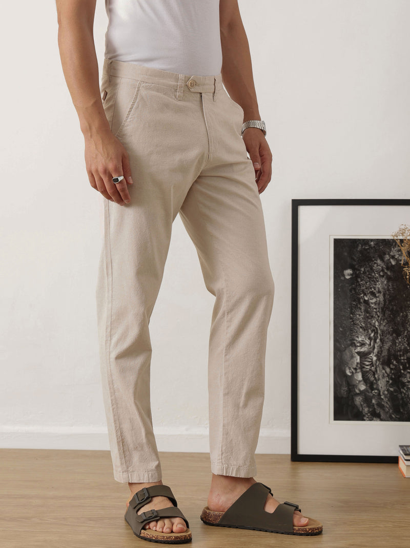Thomas Scott Men Smart Beige Straight Fit Mid-Rise Solid Woven Linen Trouser