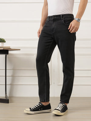 Black Smart Carrot Fit Mid-Rise No Faded Clean Look Stretchable Jeans For Men