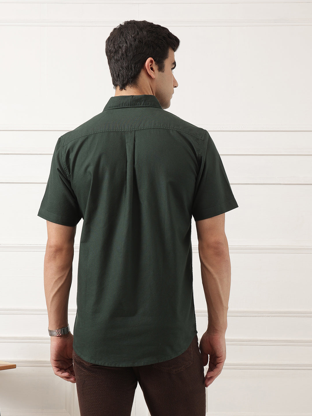 Bottle Green Regular Fit Short Sleeve Spread Collar Solid Oxford Cotton Casual Shirt For Men