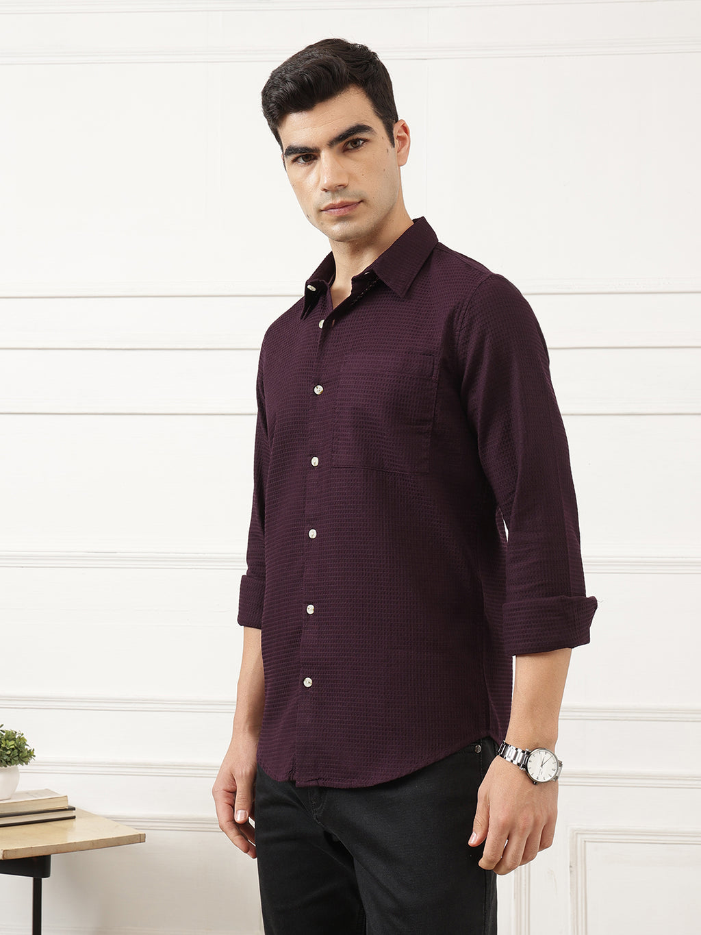 Maroon Premium Regular Fit Long Sleeves Spread Collar Textured Cotton Casual Shirt For Men