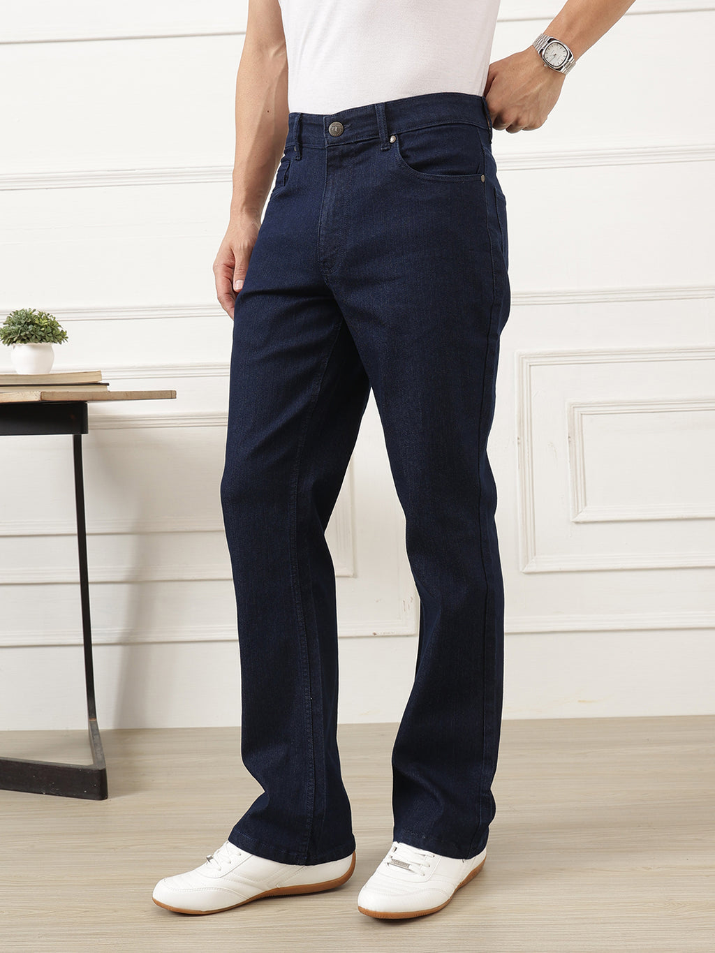Dark Blue Smart Bootcut Fit Mid-Rise Clean Look Stretchable Jeans For Men