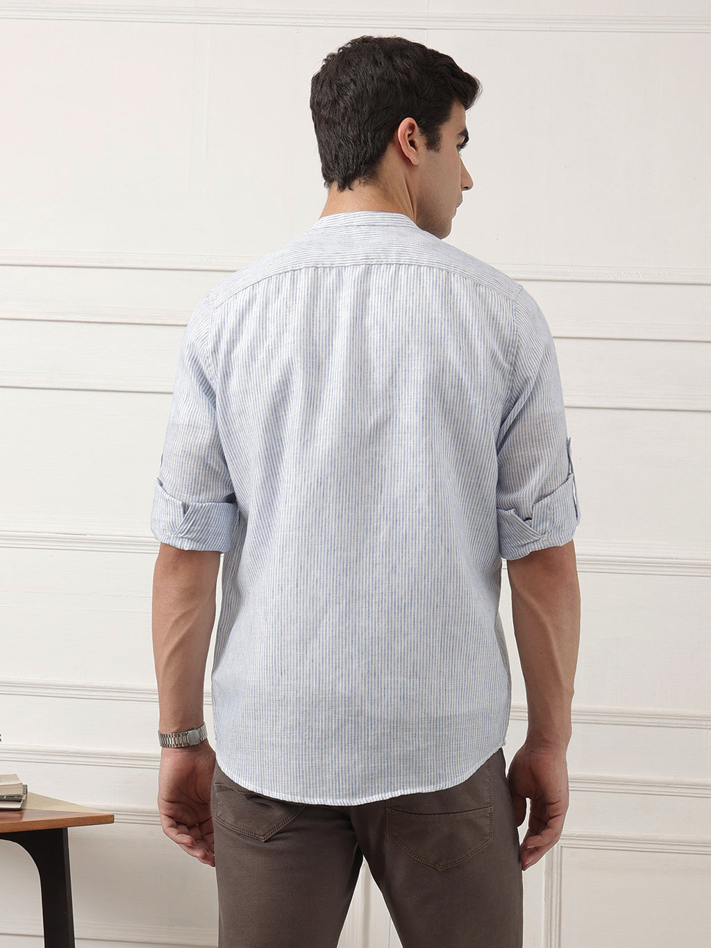 Blue Premium Regular Fit Roll-Up Sleeve Mandarin Collar Pinstripe Linen Casual Shirt for Men