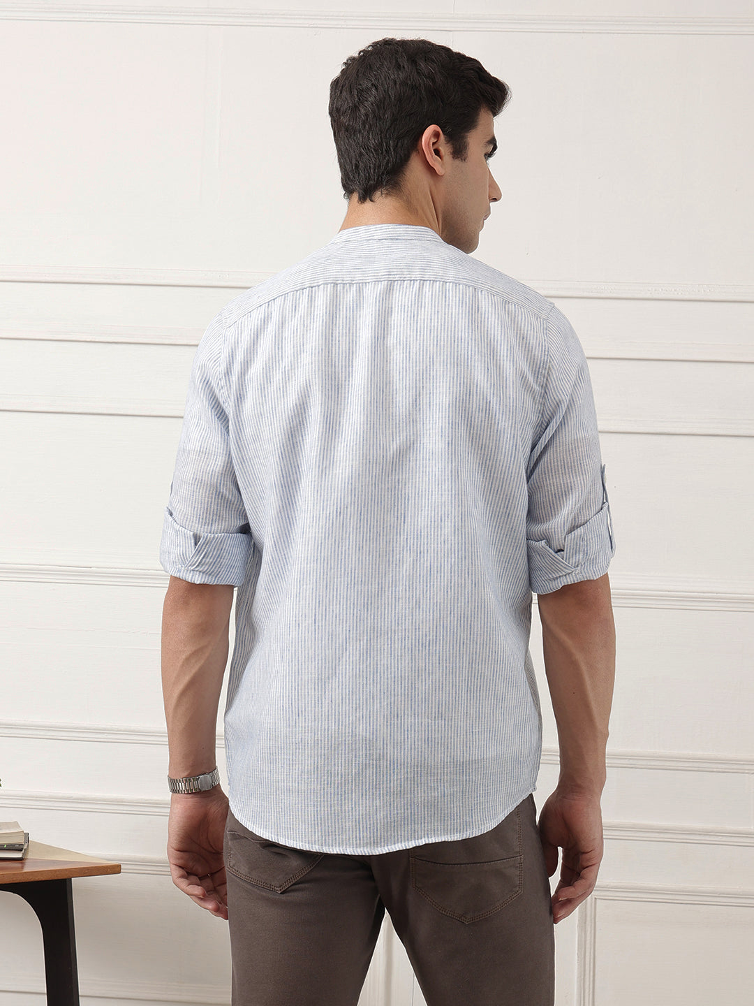 Blue Premium Regular Fit Roll-Up Sleeve Mandarin Collar Pinstripe Linen Casual Shirt for Men