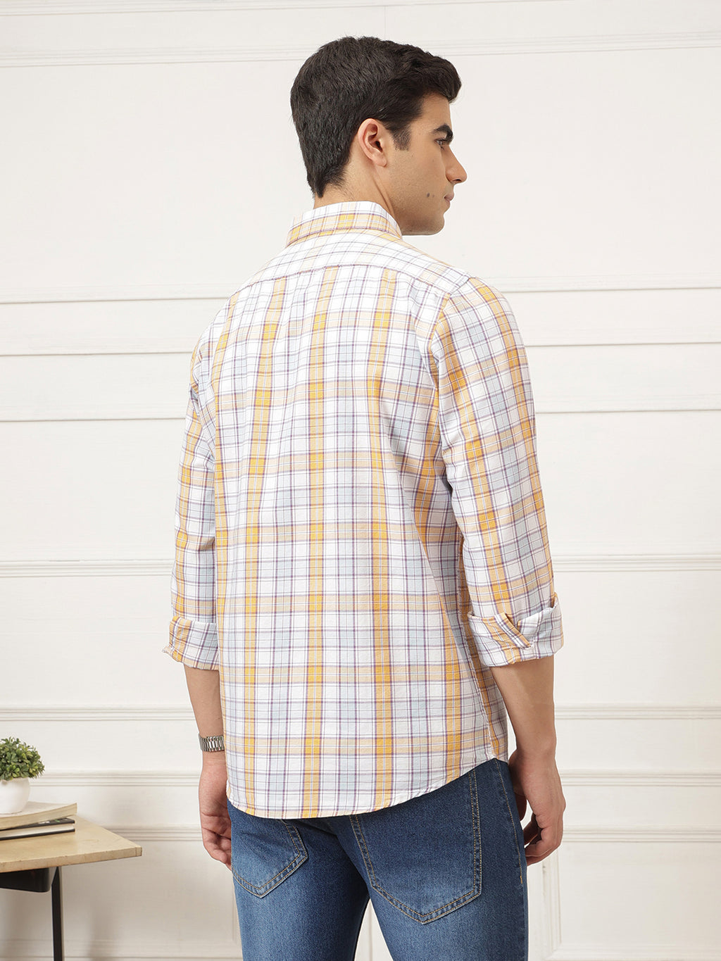 White Premium Regular Fit Tartan Checks Cotton Oxford Shirt For Men