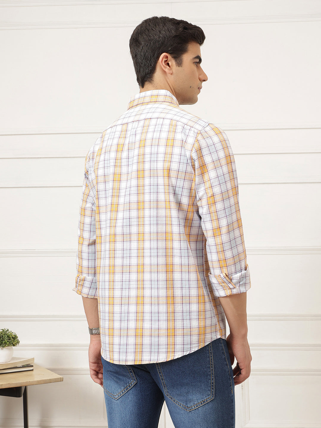 White Premium Regular Fit Tartan Checks Cotton Oxford Shirt For Men