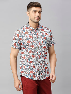 Thomas Scott Men White 2 Classic Short Sleeves Slim Fit Spread Collar Floral Printed Cotton Casual Shirt