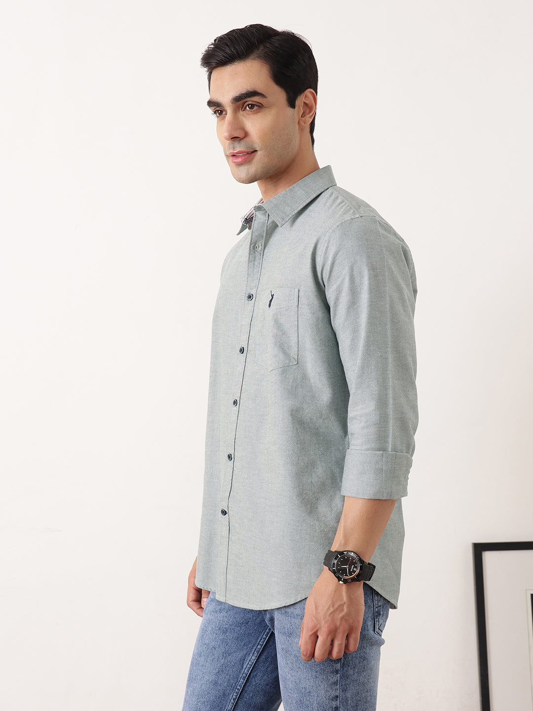 Thomas Scott Men Bottle Green Premium Slim Fit Long Sleeves Spread Collar Solid Cotton Twill Shirt