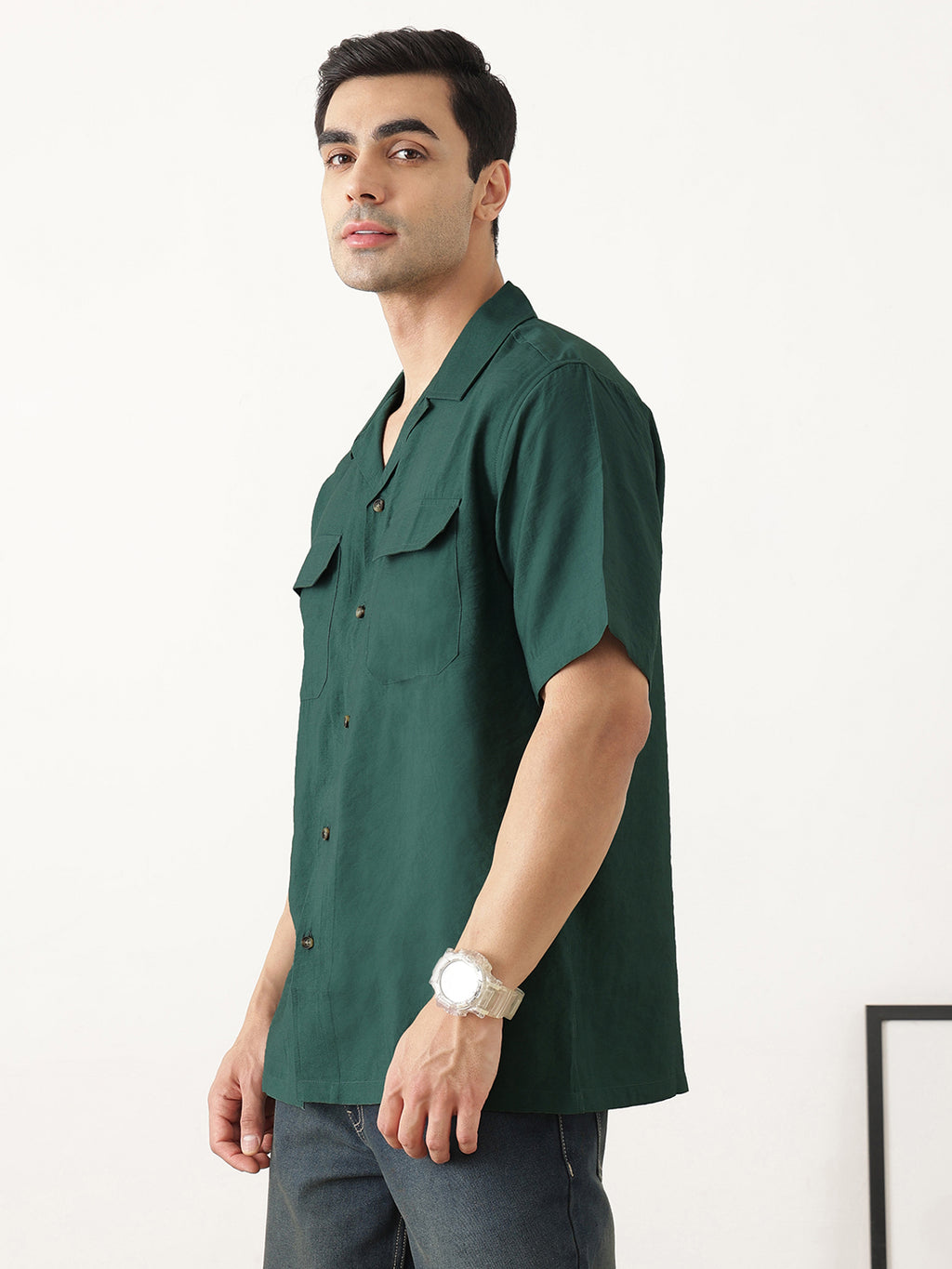 Thomas Scott Men Premium Green Oversize Fit Short Sleeves Cuban Collar Textured Casual Shirt