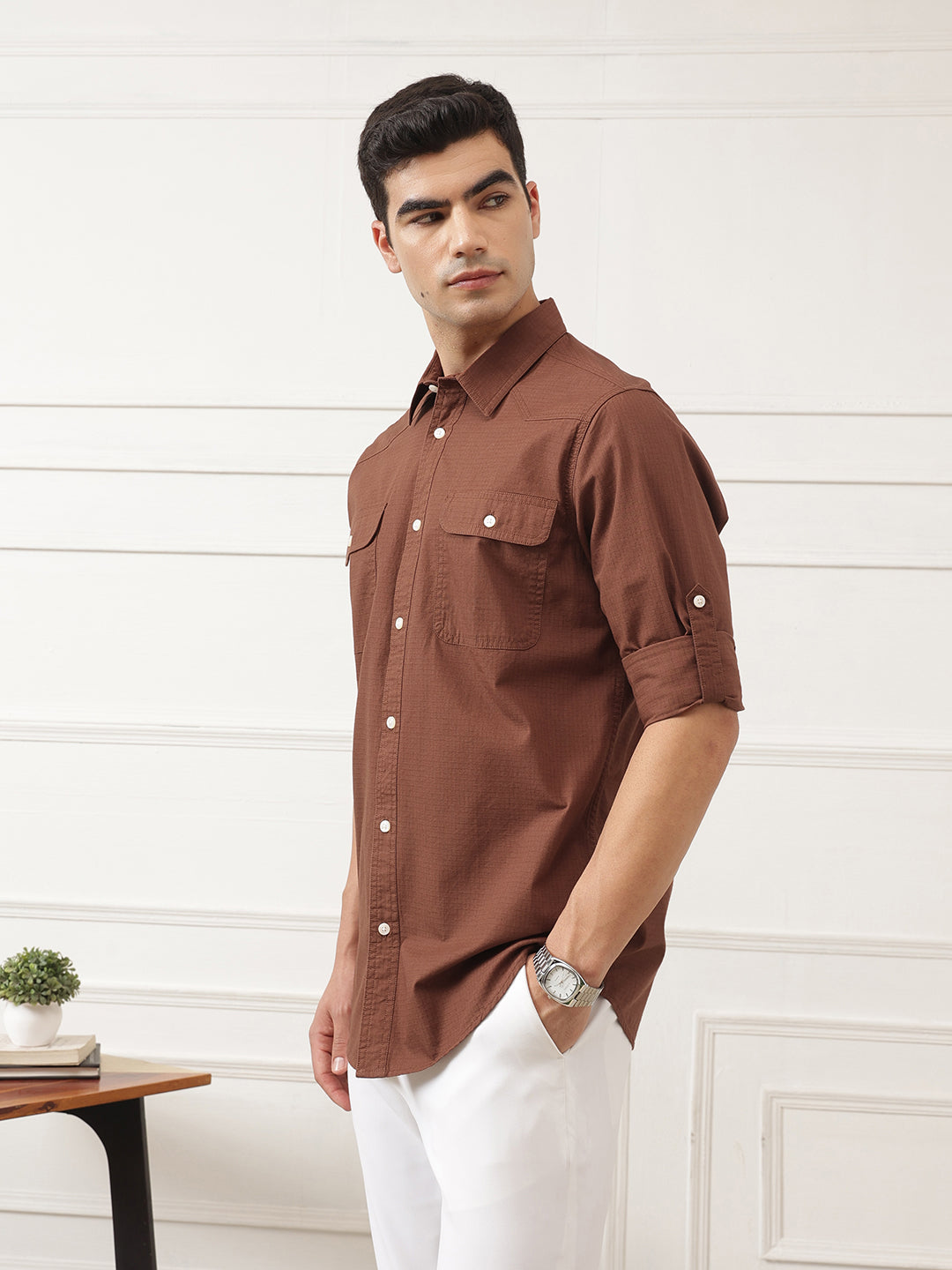 Rust Roll-Up Sleeve Regular Fit Spread Collar Textured Cotton Casual Shirt For Men