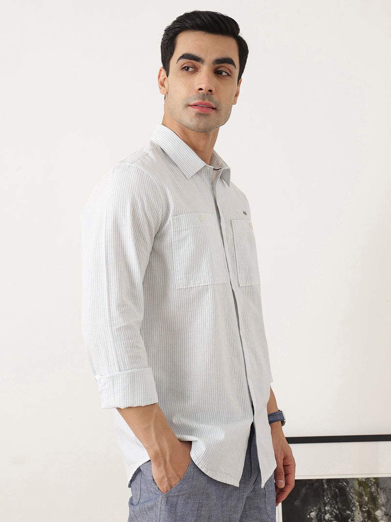 Thomas Scott Men Premium Blue Regular Fit Long Sleeves Spread Collar Pinstripes Cotton Linen Casual Shirt