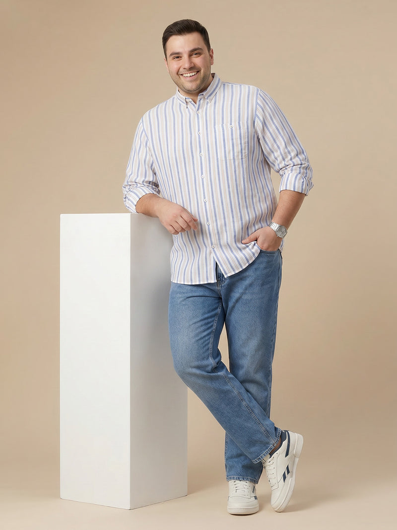 Thomas Scott Men Premium Blue Plus Size Regular Fit Long Sleeves Button Down Collar Vertical Stripes Cotton Linen Casual Shirt
