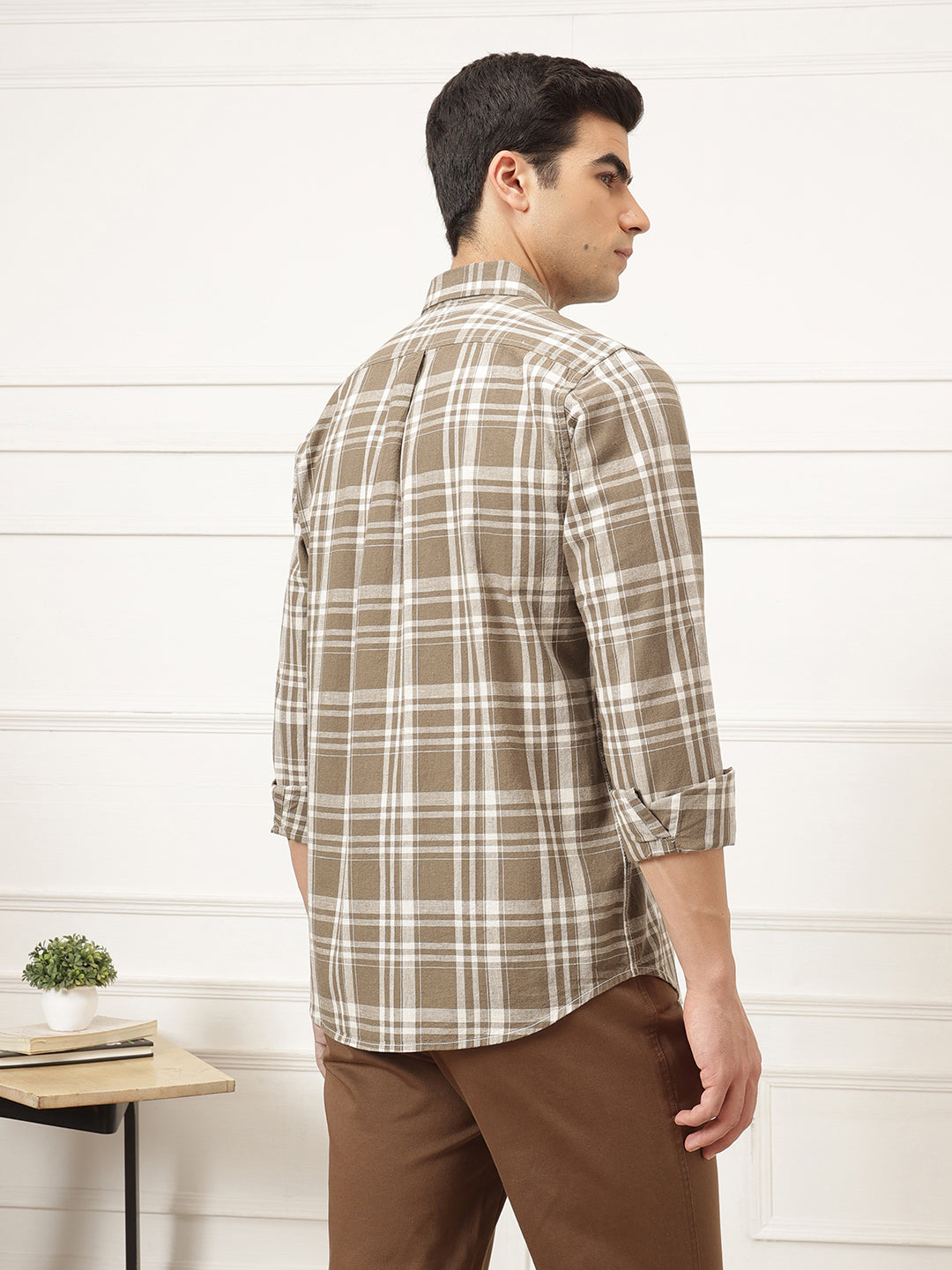 Brown Premium Regular Fit Tartan Checks Cotton Linen Shirt For Men