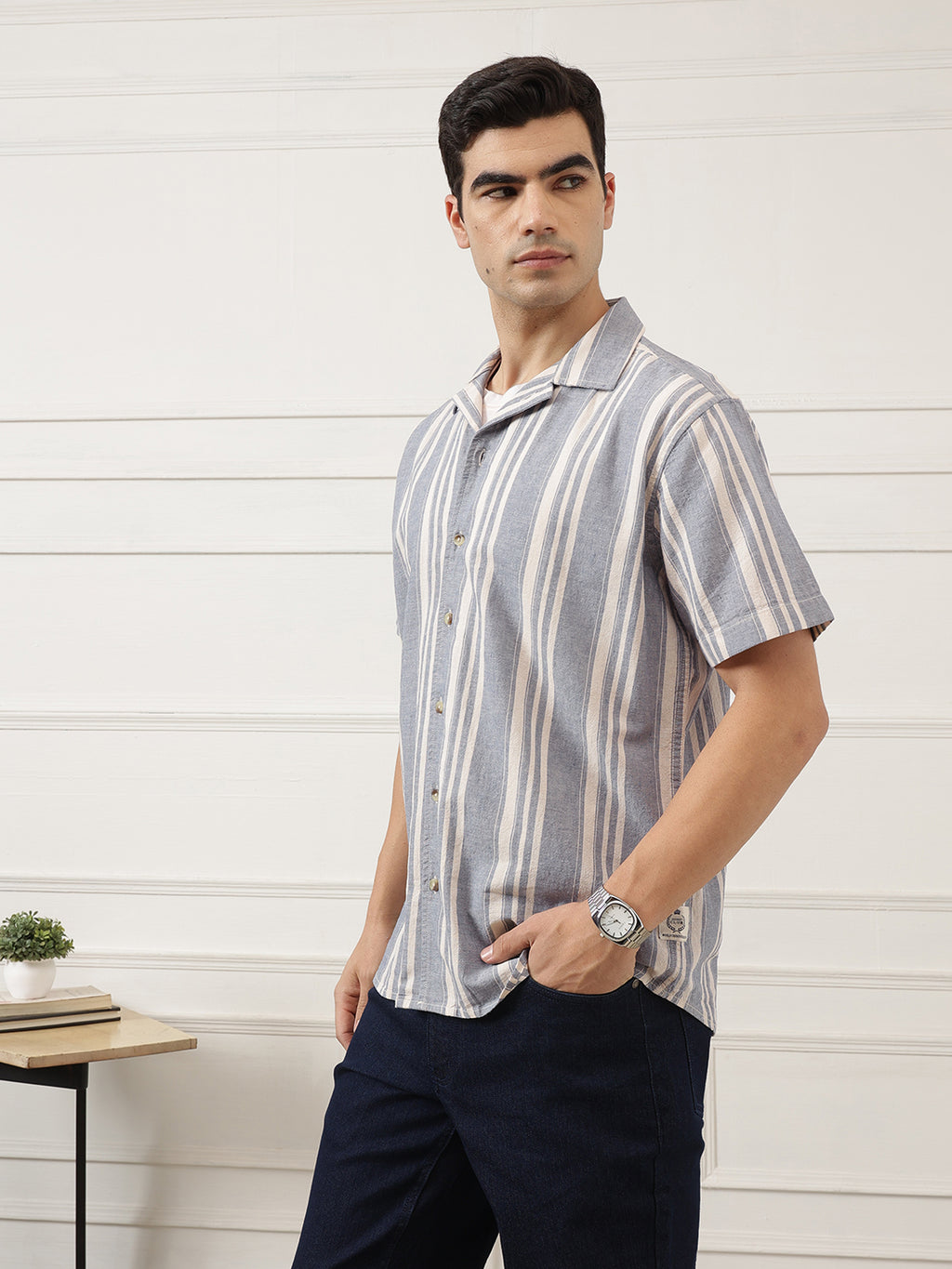 Blue Oversized Fit Vertical Stripes Cuban Collar Cotton Linen Casual Shirt For Men