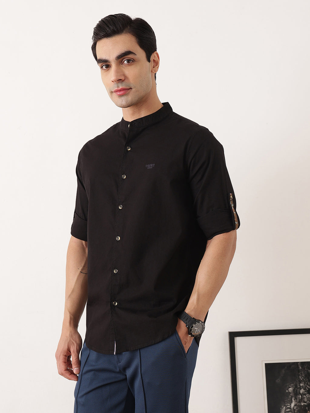 Thomas Scott Men Black  Premium Regular Fit Long Roll-Up Sleeves Mandarin Collar Solid Cotton Casual Shirts