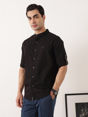 Thomas Scott Men Black  Premium Regular Fit Long Roll-Up Sleeves Mandarin Collar Solid Cotton Casual Shirts