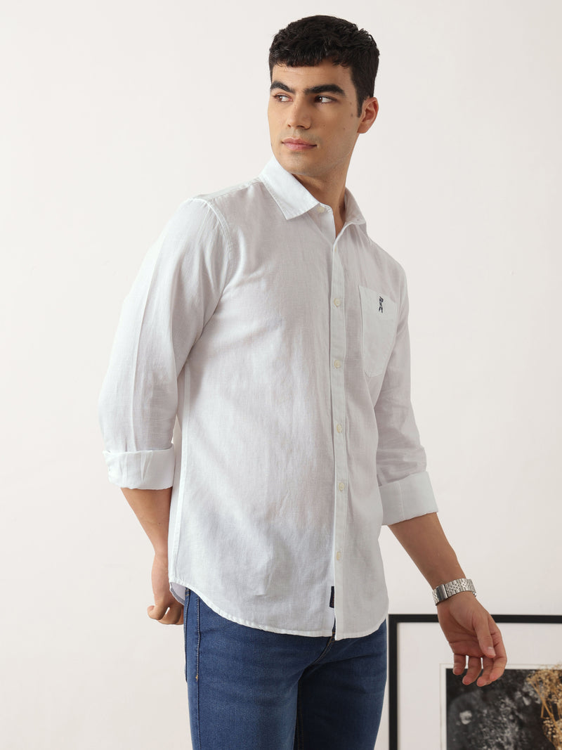 Thomas Scott Men Premium White Slim Fit Solid Spread Collar Cotton Linen Casual Shirt with Long Sleeves