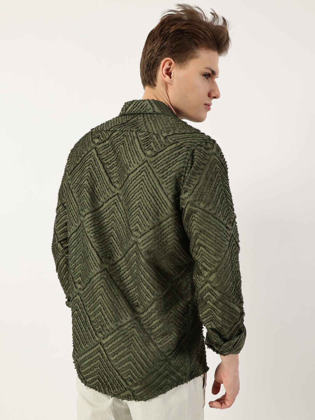 Thomas Scott Men Green Premium Long Sleeves Slim Fit Spread Collar Textured Casual Shirt