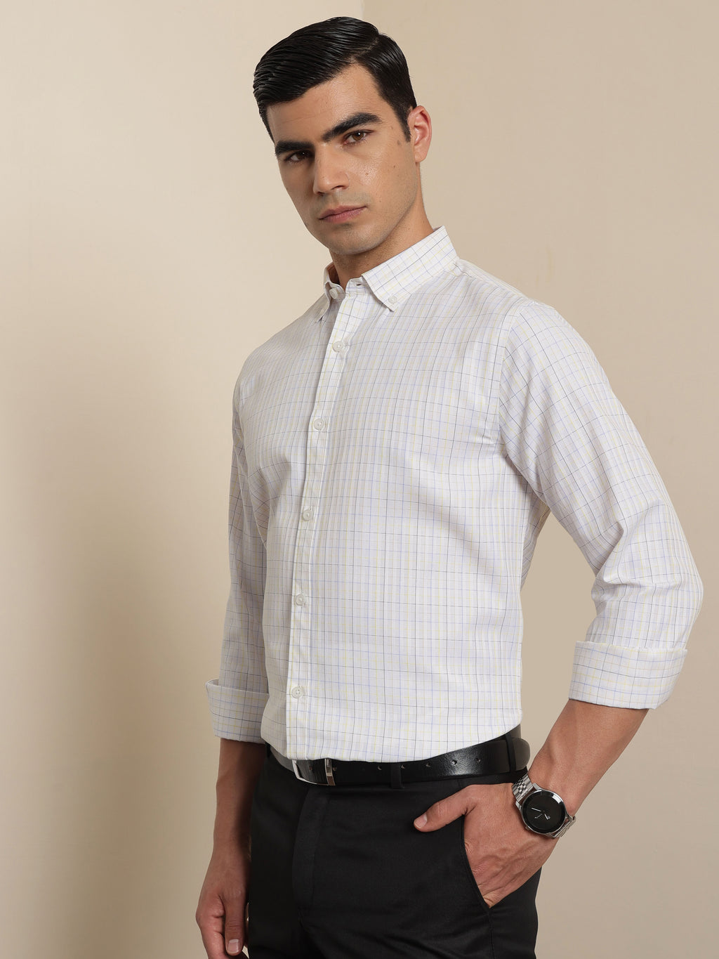 Thomas Scott Men Smart White1 Regular Fit Long Sleeves Button Down Collar Windowpane Checks Formal Shirt