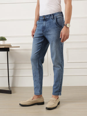 Mid Blue Smart Carrot Fit Mid-Rise Clean Look Stretchable Jeans For Men