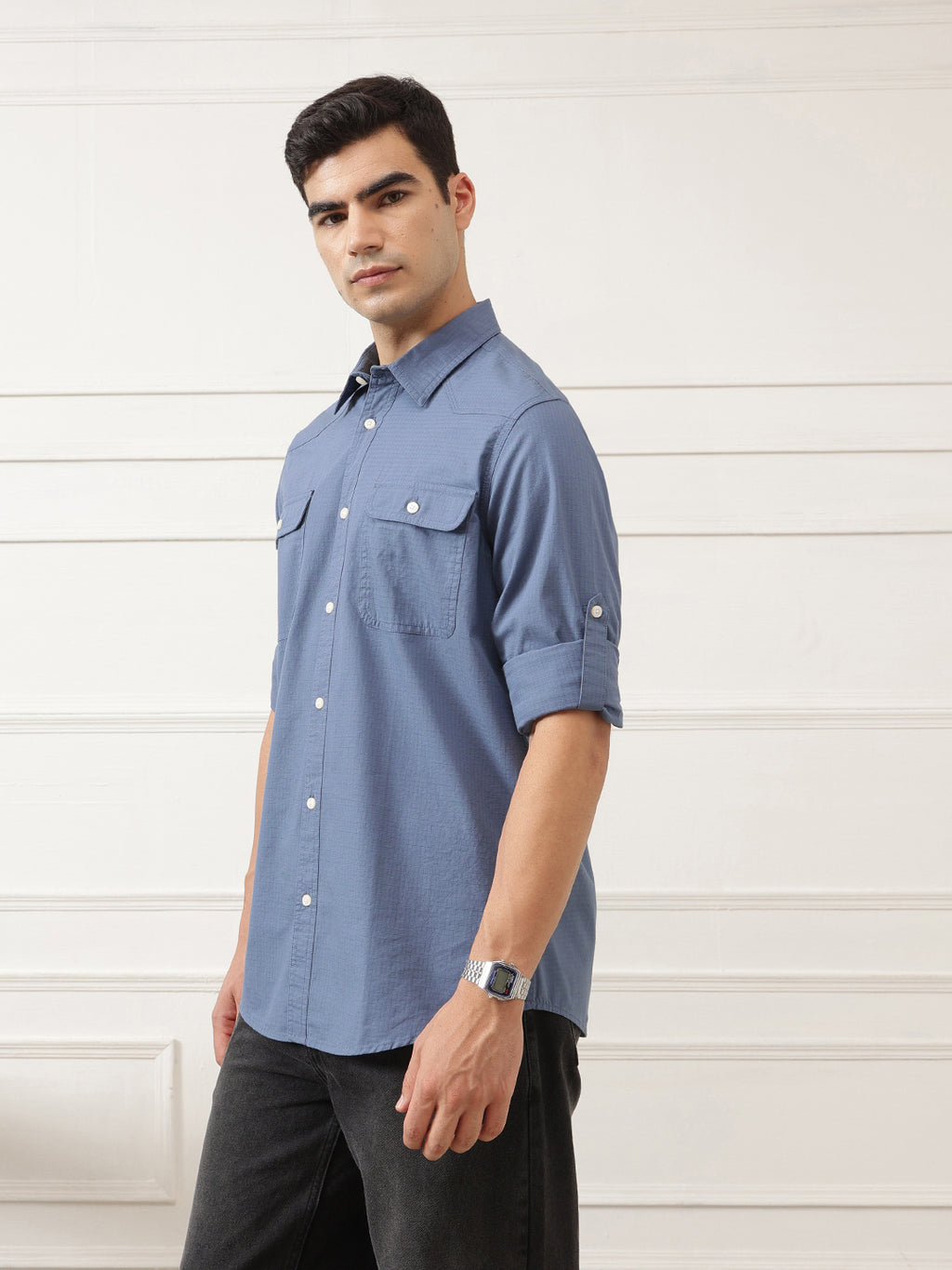 Mid Blue Roll-Up Sleeve Regular Fit Spread Collar Textured Cotton Casual Shirt For Men