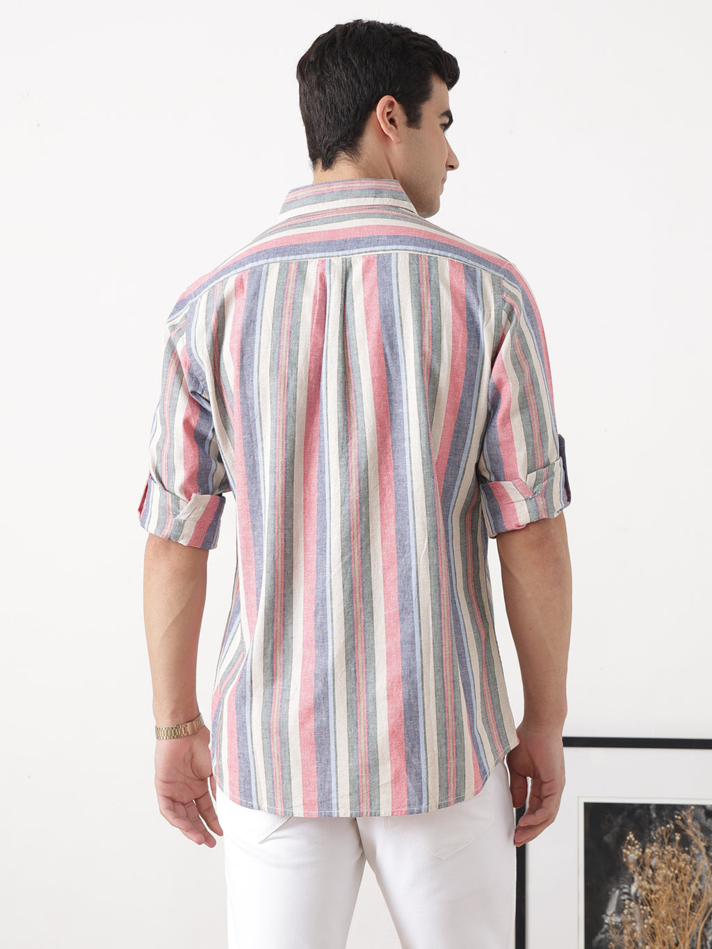 Natural Regular Fit Roll-Up Sleeve Spread Collar Vertical Striped Cotton Linen Casual Shirt For Men
