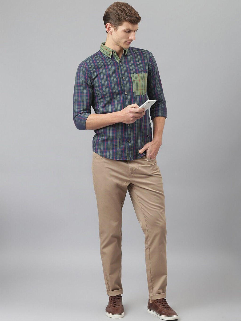 Midnight Blue Relaxed Long Sleeves Slim Fit Tartan Checkes Button-Down Collar Cotton Casual Shirt For Men