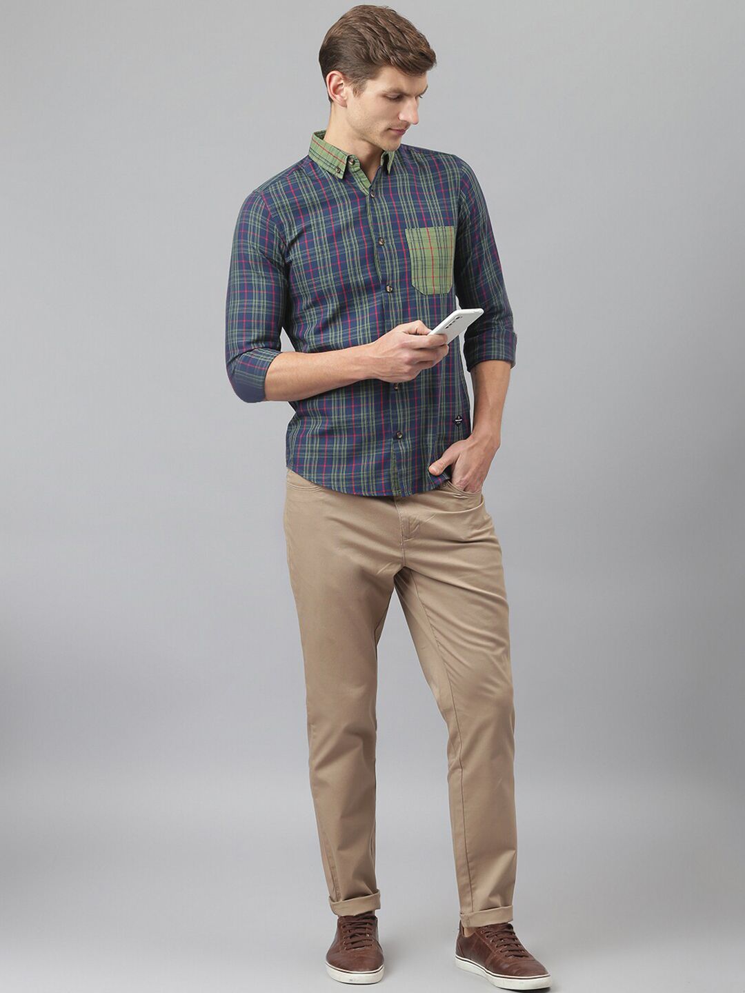 Midnight Blue Relaxed Long Sleeves Slim Fit Tartan Checkes Button-Down Collar Cotton Casual Shirt For Men