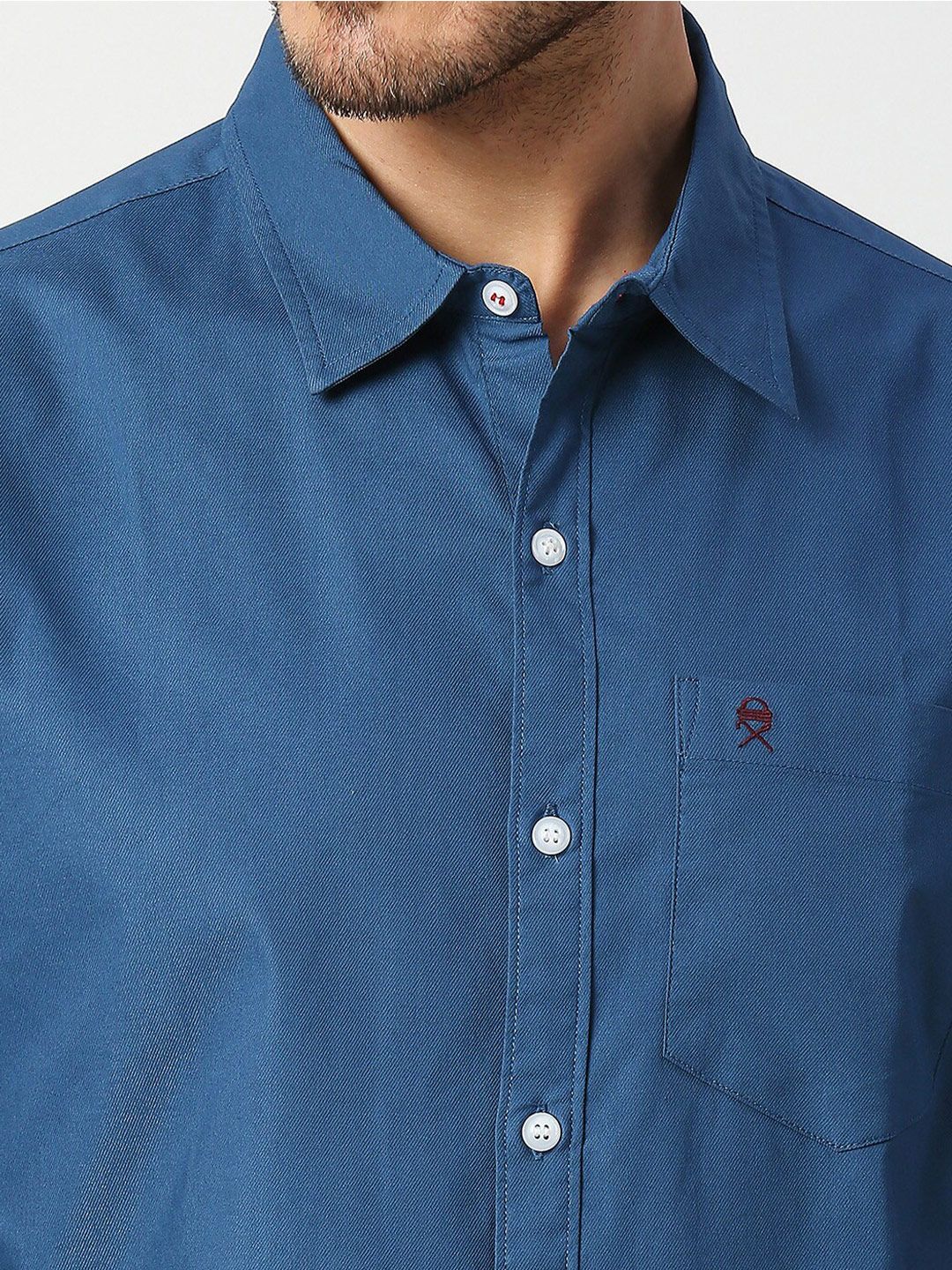Dark Blue Slim Fit Long Sleeves Spread Solid Collar Casual Shirt For Men