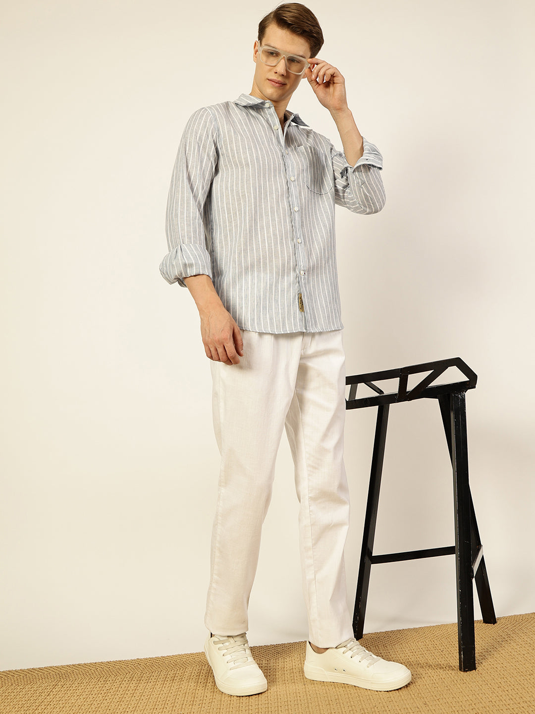 Thomas Scott Men Grey Striped Slim Fit Casual Shirt
