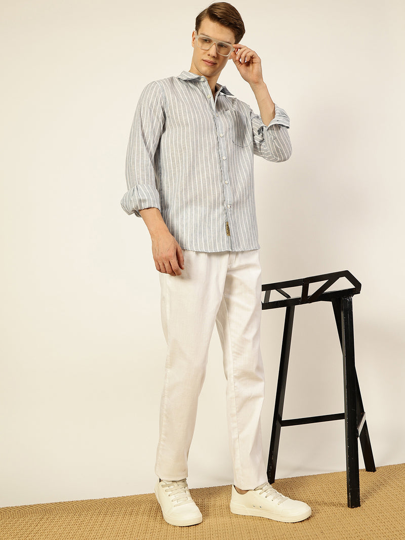 Thomas Scott Men Grey Striped Slim Fit Casual Shirt