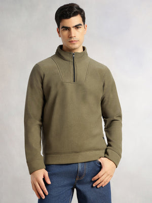 Thomas Scott Men Olive Regular Fit Long Sleeves Mock Neck Half-Zip Solid Polyester Knitted Sweatshirt