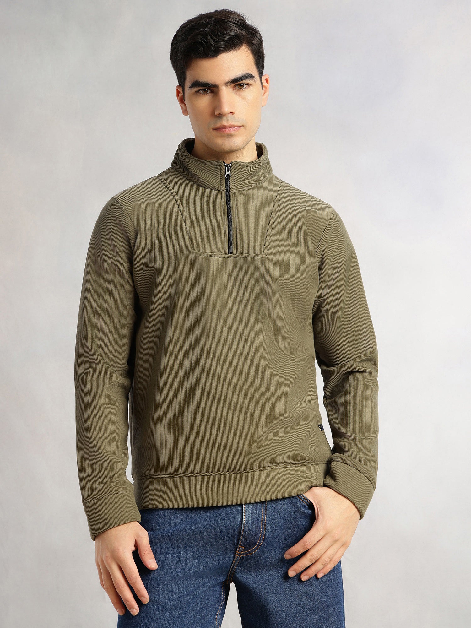 Thomas Scott Men Olive Regular Fit Long Sleeves Mock Neck Half-Zip Solid Polyester Knitted Sweatshirt