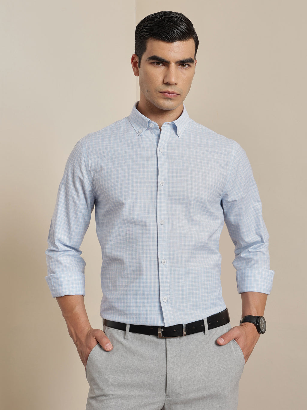 Thomas Scott Men Smart Blue Regular Fit Long Sleeves Button Down Collar Micro Checks Formal Shirt