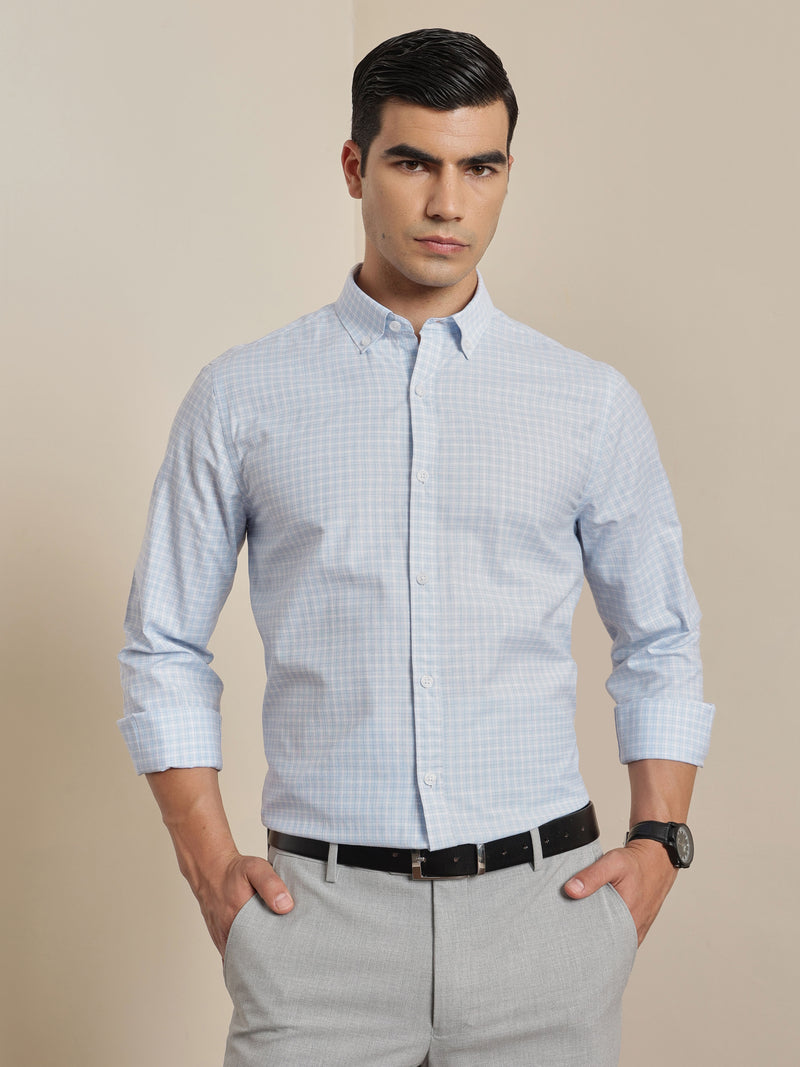 Thomas Scott Men Smart Blue Regular Fit Long Sleeves Button Down Collar Micro Checks Formal Shirt