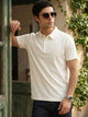 Off White Regular Fit Short Sleeves Viscose Rayon Solid Knitted Polo Collar Performance Tshirt For Men