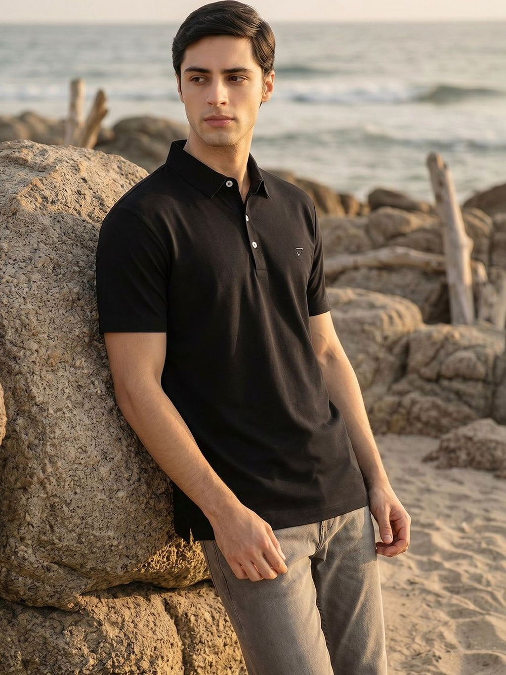 Black Regular Fit Short Sleeves Viscose Rayon Solid Knitted Polo Collar Performance Tshirt For Men