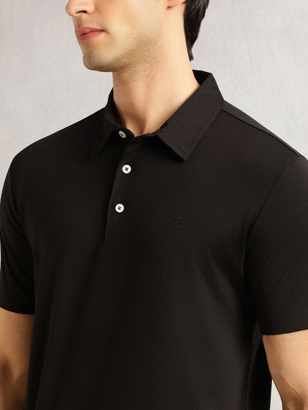 Black Regular Fit Short Sleeves Viscose Rayon Solid Knitted Polo Collar Performance Tshirt For Men