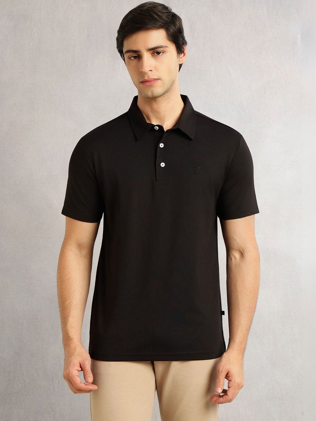 Black Regular Fit Short Sleeves Viscose Rayon Solid Knitted Polo Collar Performance Tshirt For Men