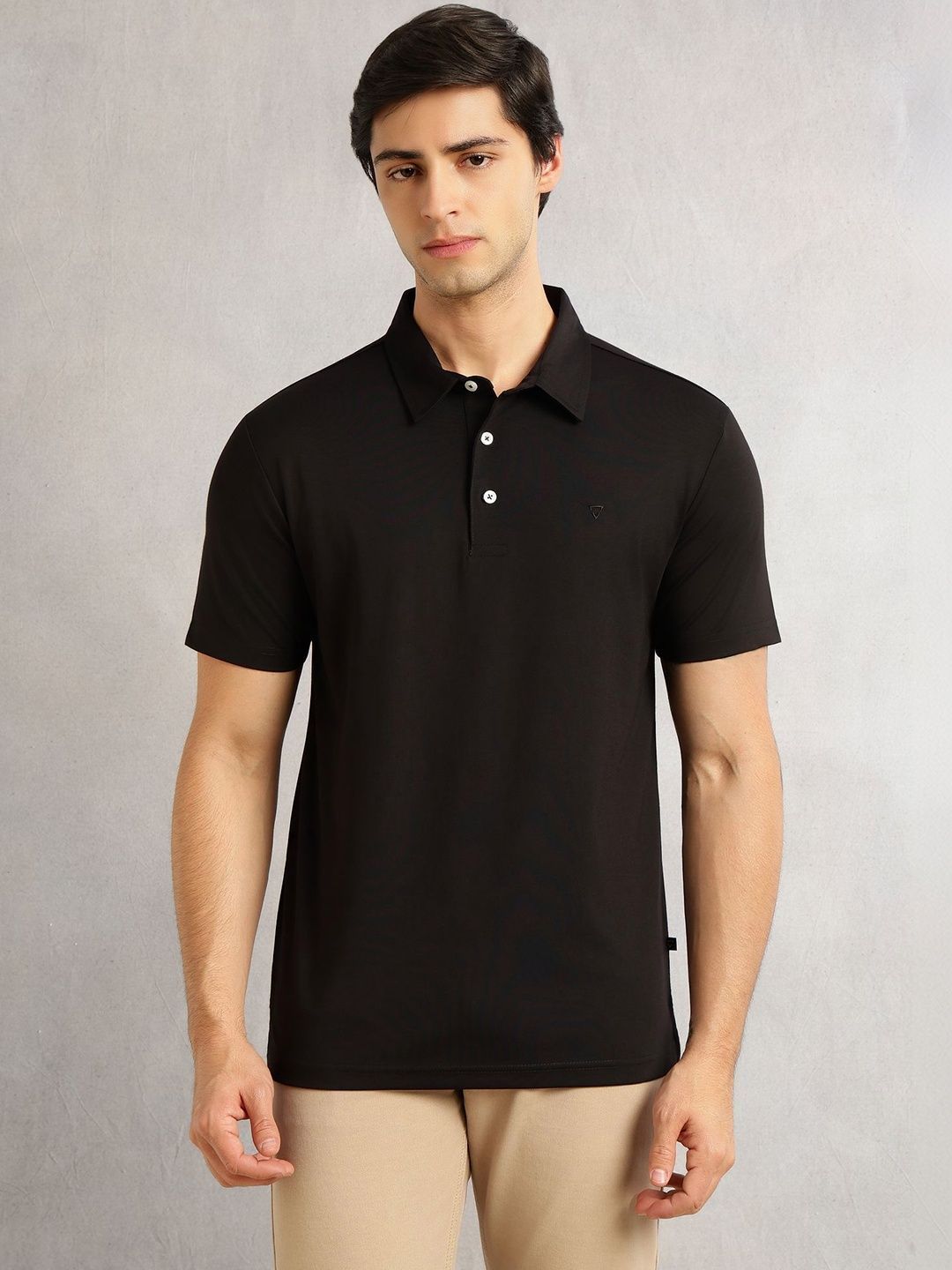 Black Regular Fit Short Sleeves Viscose Rayon Solid Knitted Polo Collar Performance Tshirt For Men