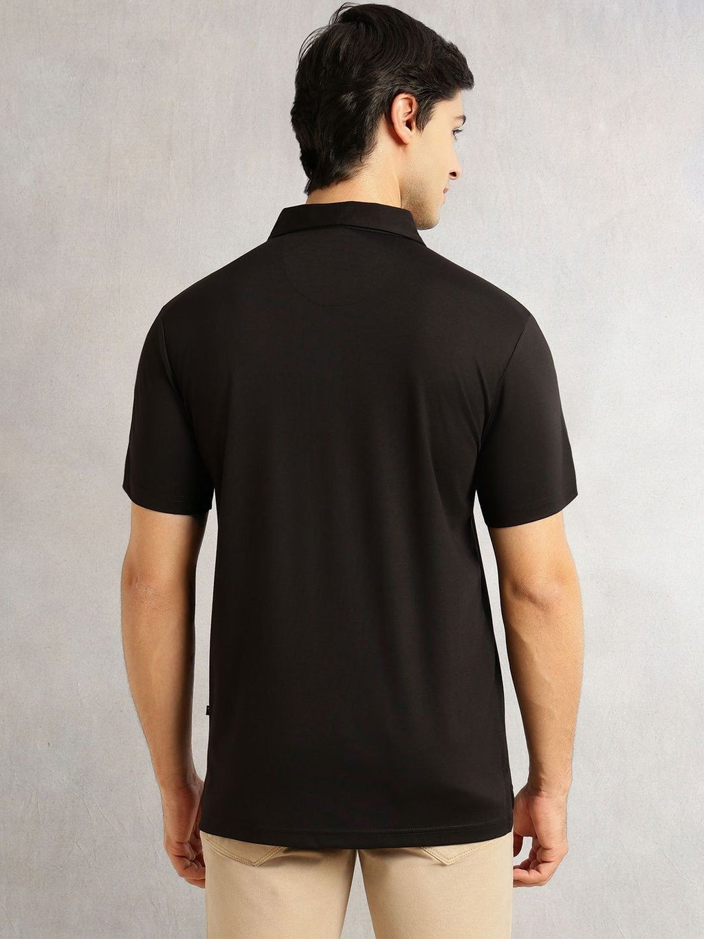 Black Regular Fit Short Sleeves Viscose Rayon Solid Knitted Polo Collar Performance Tshirt For Men