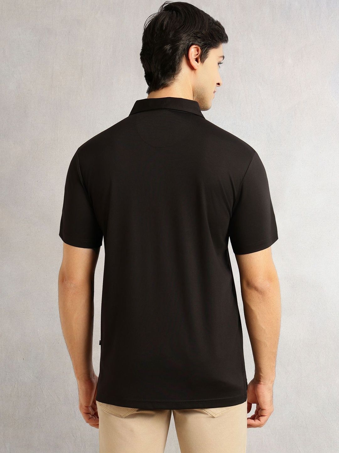 Black Regular Fit Short Sleeves Viscose Rayon Solid Knitted Polo Collar Performance Tshirt For Men