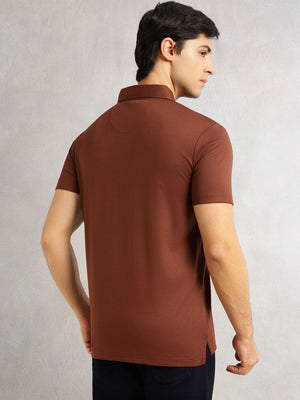 Thomas Scott Men Coffee Brown Regular Fit Short Sleeves Viscose Rayon Solid Knitted Polo Collar Performance Tshirt