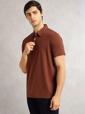 Thomas Scott Men Coffee Brown Regular Fit Short Sleeves Viscose Rayon Solid Knitted Polo Collar Performance Tshirt