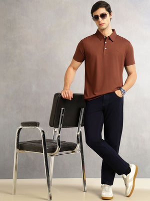 Thomas Scott Men Coffee Brown Regular Fit Short Sleeves Viscose Rayon Solid Knitted Polo Collar Performance Tshirt