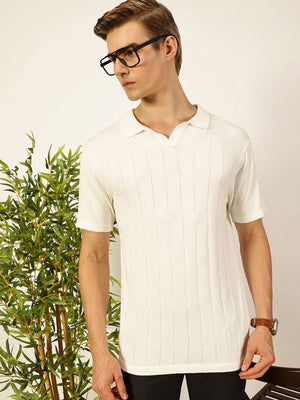 White Short Sleeves Regular Fit Self Design Cotton Polo Collar Knitted Tshirts For Men