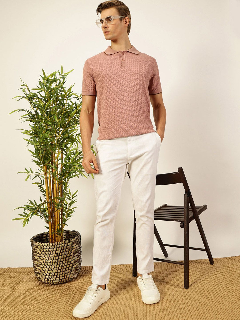 Pink Short Sleeves Regular Fit Self Design Cotton Polo Collar Knitted Tshirts For Men