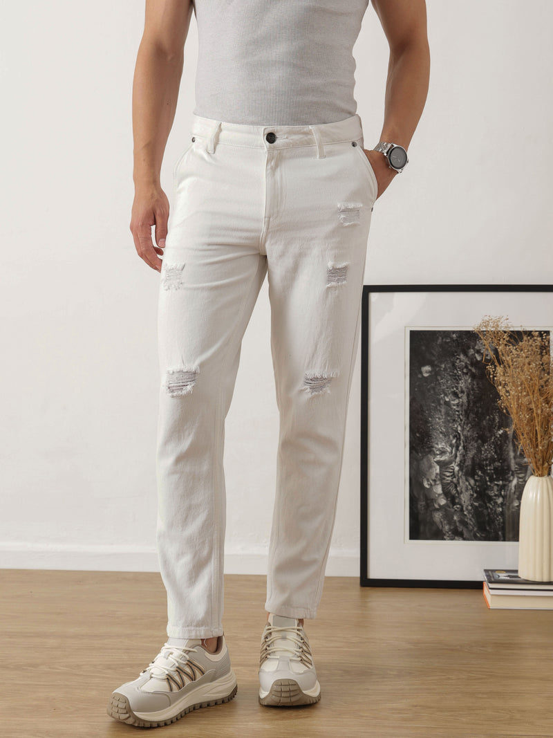 Thomas Scott Men White Carrot Fit Mildly Distressed Non Stretchable Jeans