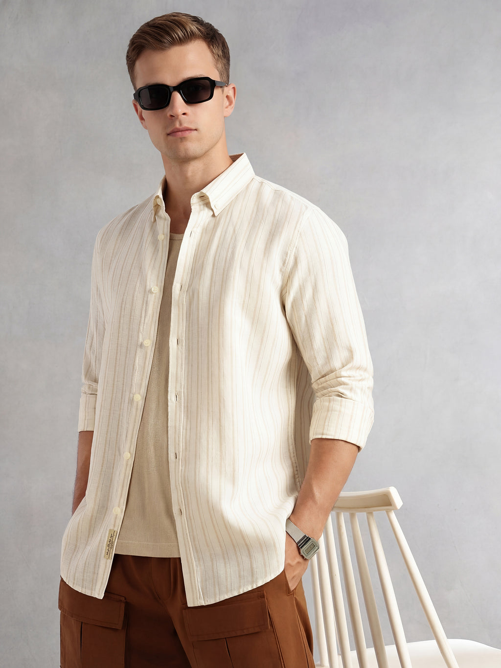 Thomas Scott Men Beige Slim Fit Long Sleeve Button-Down Collar Vertical Striped Linen Casual Shirt